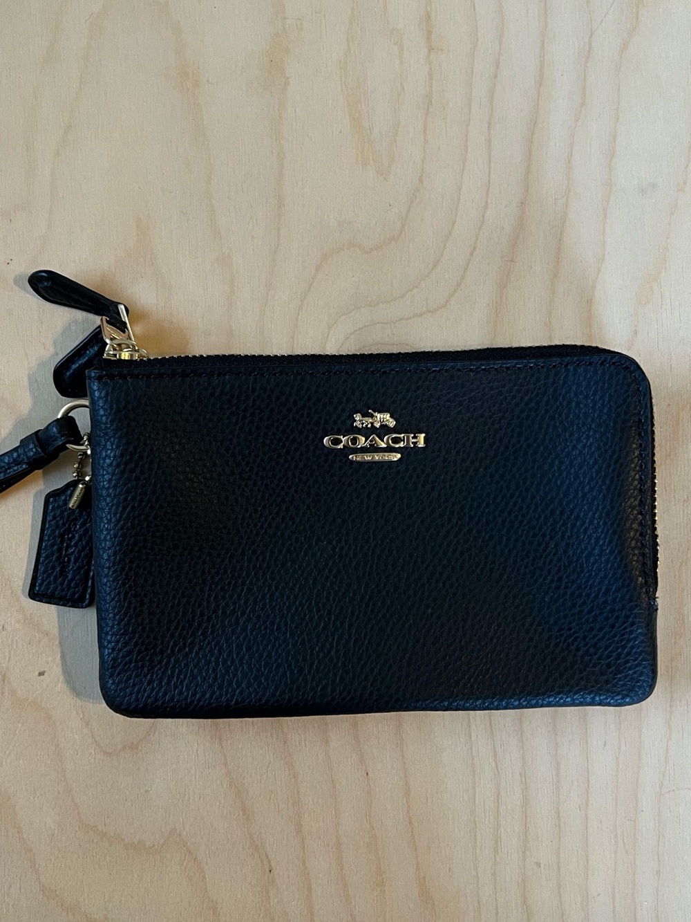 Coach Black Pebbled Leather Double Zip Wristlet with Gold Hardware
